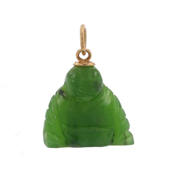 Yellow Gold Nephrite Jade Joyful Buddha Pendant - 14k Carved - Picture 1 of 3